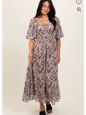 Taupe Floral Square Neck Short Puff Sleeve Midi Dress
